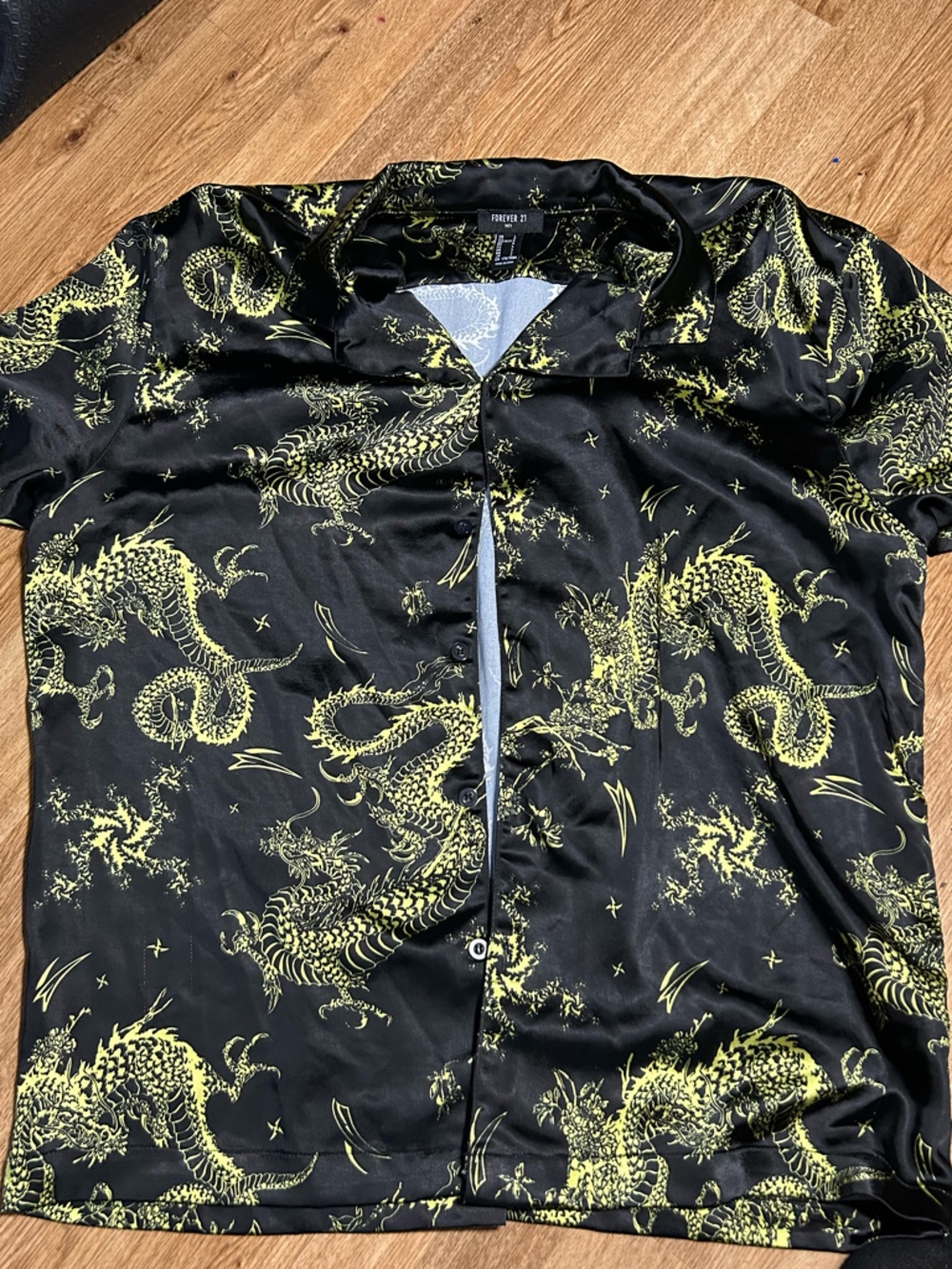 Forever 21 Black Satin Dragon Print Shirt with Neon Yellow Detail